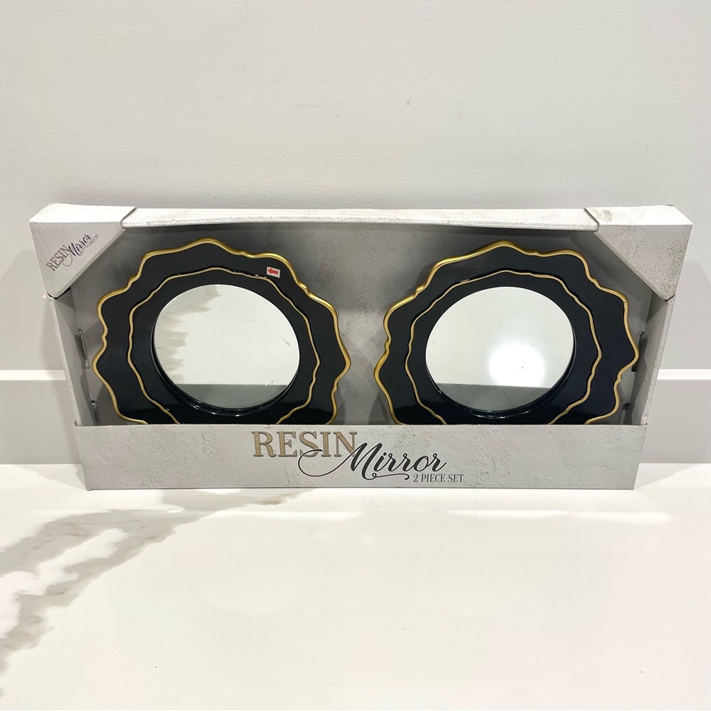 NEW Elico Time Black & Gold 2-Piece Decorative Resin Mirror Set